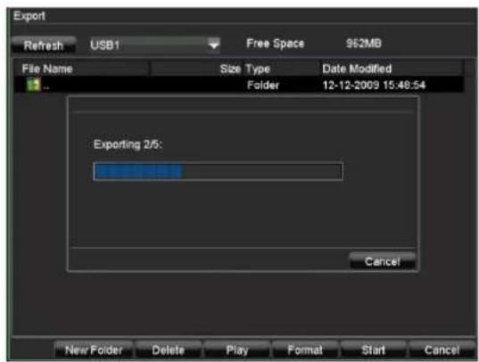 Export Refresh USB1 Free Space 962MB File Name Size Type Date Modified Folder 12-12-2009 15:48:54 Exporting 2/5: Cancel New Folder Delete Play Format Start Cancel