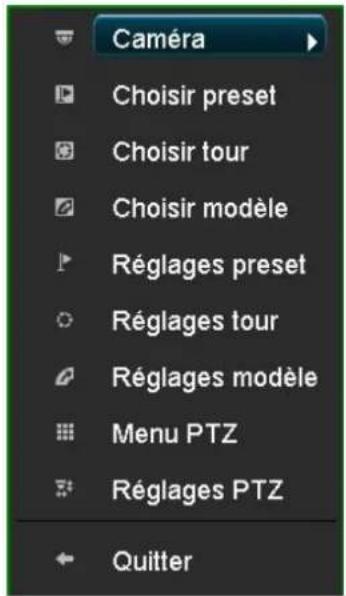 Caméra Choisir preset Choisir tour Choisir modèle Réglages preset Réglages tour Réglages modèle Menu PTZ Réglages PTZ Quitter