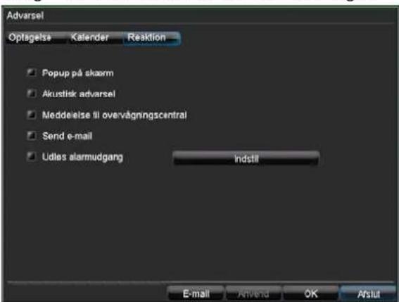 Advarsel Optagelse Kalender Reaktion Popup på skaarm Akustisk adversel Meddeelse til overvågningscentral Send e-mail Lidles alarmudgang Indstil E-mail Anvend OK Aislut