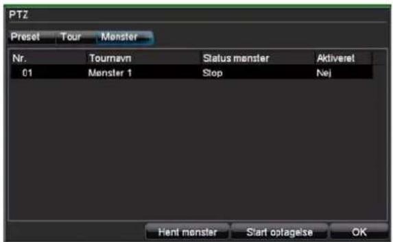 PTZ Preset Tour Monster Nr.Tournavn Status monster Aktiveret 01 Monster 1 Stop Nej Hent monster Start optagelse OK