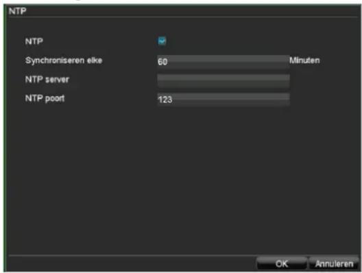 NTP NTP Synchroniseren elke 60 Minuten NTP server NTP port 123 OK Annuteren