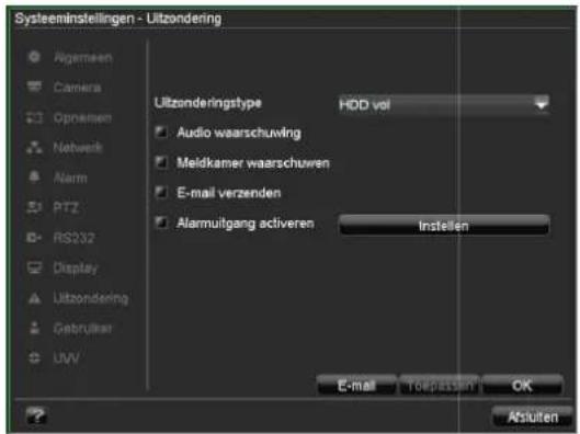 Systeminstellingen - Uitzondering Agemeen Camera Opnemen Network Alarm PTZ RS202 Display Uitzondering Gebruiker UVV Uitzonderingtype HDD vol Audio waarschuwing Meldkamer waarschuwen E-mail verzenden Alarmuitgang activeren Instellen E-mail Toepassen OK Alsuiten