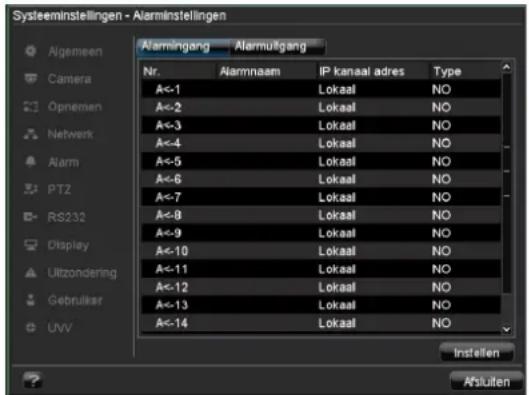 Systeminstellingen - Alarminstellingen Alarmingang Alarmuitgang Nr. Alarmnaam IP kanaal adres Type A<-1 Lokaal NO A<-2 Lokaal NO A<-3 Lokaal NO A<-4 Lokaal NO A<-5 Lokaal NO A<-6 Lokaal NO A<-7 Lokaal NO A<-8 Lokaal NO A<-9 Lokaal NO A<-10 Lokaal NO A<-11 Lokaal NO A<-12 Lokaal NO A<-13 Lokaal NO A<-14 Lokaal NO Instellen Alsuiten