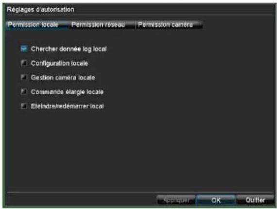 Régiages d'autorisation Permission locale Permission réseau Permission caméra Chercher donnée log local Configuration locale Gestion caméra locale Commande élargie locale Eleindre/redémarrer local Applicquer OK Outlier