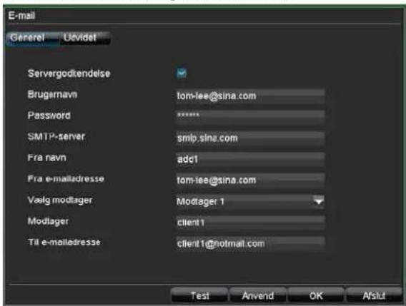 E-mail General Ucvidet Servergodtendelse Brugernavn tom-lee@sina.com Password ****** SMTP-server smlp.sina.com Fra navn adc1 Fra e-mailedresse tom-lee@sina.com Vælg modlager Modlager 1 Modlager client 1 Til e-mailedresse client 1@hotmail.com Test Anvend OK Afsld