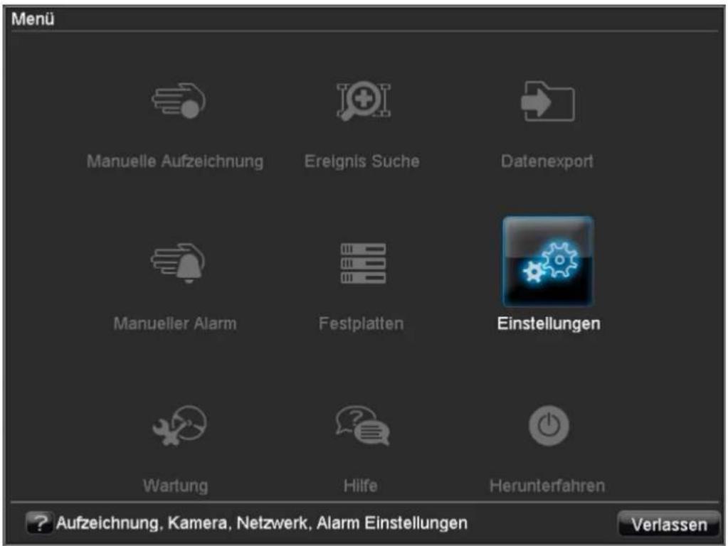 Menu Manuelle Aufzeichnung Ereignis Suche Datenexport Manueller Alarm Festplatten Einstellungen Wartung Hilfe Herunterfahren ? Aufzeichnung, Kamera, Netzwerk, Alarm Einstellungen Verlassen