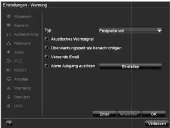 Einstellungen - Warnung Typ Festplatte voll Akustisches Warnsignal Oberwachungszentrale benachrichtigen Versende Email Alarm Ausgang auslösen Einstellen Email Anwenden OK Verlassen