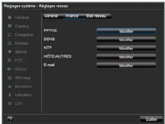 Régages système - Régages réseau Général Avance Etat réseau PPPOC Modifier DDNS Modifier NTP Modifier HÔTE/AUTRES Modifier E-mail Modifier RS232 Affichage Exception Utilisateur UVI Quitter