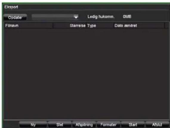 Eksport Opdater Ledig hukomm. 0MB Filenvn Sterrelse Type Data aendret Ny Slet Afsplining Formater Start Afslut