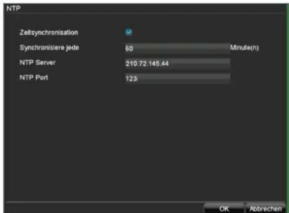 NTP Zeitsynchronisation Synchronisiere jede 60 Minute(n) NTP Server 210.72.145.44 NTP Port 123 OK Abbrechen