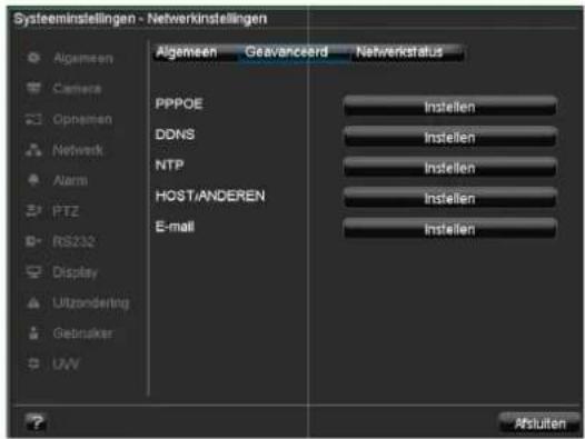 Systeminstellingen - Netwerkinstellingen Algemeen Geavanceerd Netwerkstatus PPPOE Instellen DDNS Instellen NTP Instellen HOST/ANDEREN Instellen E-mail Instellen Afluiten Agemeen Camera Opnemen Network Alarm PTZ RS232 Display Uitzondering Gebrukier UW