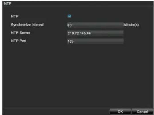 NTP NTP Synchronize Interval 60 Minute(s) NTP Server 210.72 145.44 NTP Port 123 OK Cancel