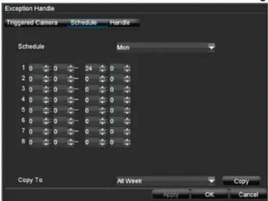 Exception Handle Triggered Camera Schedule Handle Schedule Mon 1 0 0 24 0 2 0 0 0 0 3 0 0 0 0 4 0 0 0 0 5 0 0 0 0 6 0 0 0 0 7 0 0 0 0 8 0 0 0 0 Copy To All Week Copy Apply OK Cancel