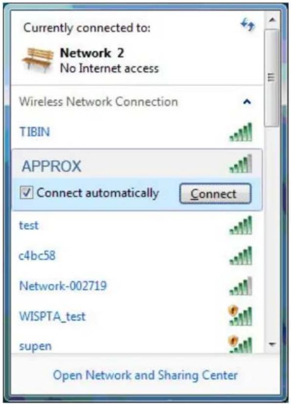 Currently connected to: Network 2 No Internet access Wireless Network Connection TIBIN APPROX Connect automatically Connect test c4bc58 Network-002719 WISPTA_test supen Open Network and Sharing Center