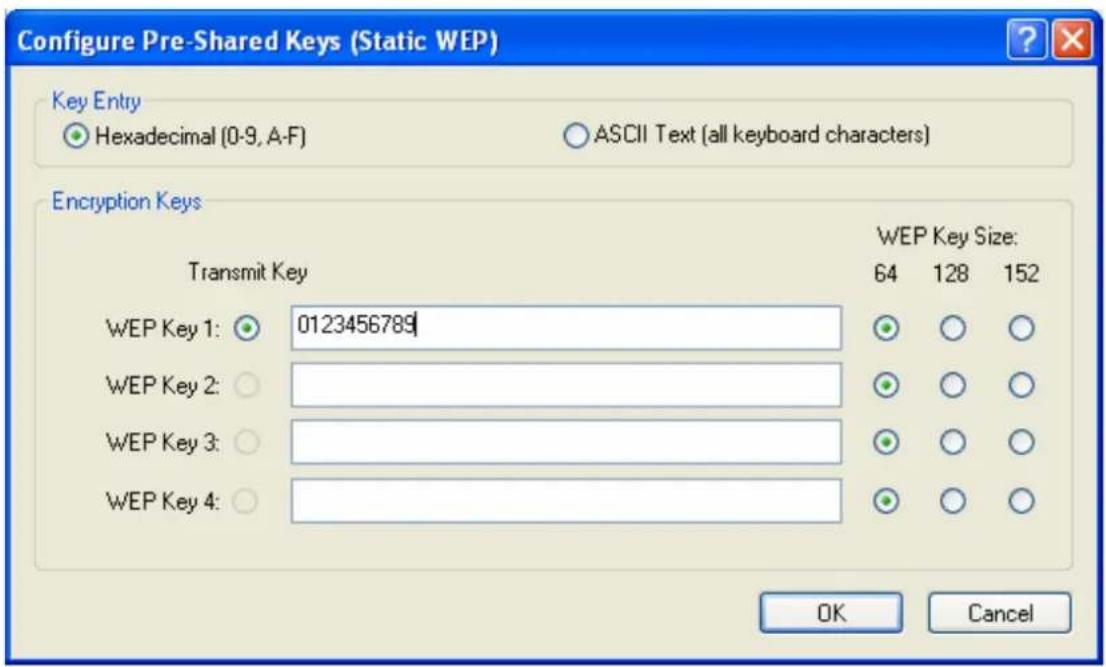 Configure Pre-Shared Keys (Static WEP) Key Entry Hexadecimal (0-9, A-F) ASCII Text (all keyboard characters) Encryption Keys Transmit Key WEP Key Size: 64 128 152 WEP Key 1: 0123456789 WEP Key 2: WEP Key 3: WEP Key 4: OK Cancel