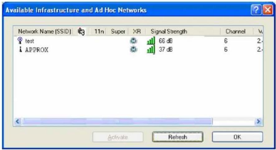 Available Infrastructure and Ad Hoc Networks Network Name (SSID) 11n Super XR Signal Strength Channel V. test 66 dB 6 2. APPROX 37 dB 6 2. Activate Refresh OK