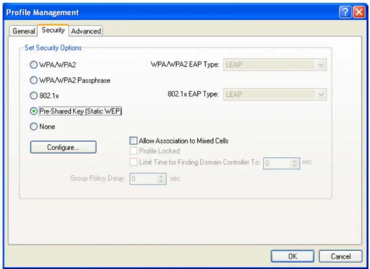 Profile Management General Security Advanced Set Security Options WPA/WPA2 WPA/WPA2 EAP Type: LEAP WPA/WPA2 Passphrase 802.1x 802.1x EAP Type: LEAP Pre-Shared Key [Static WEP] None Configure... Allow Association to Mixed Cells Profile Locked Limit Time for Finding Domain Controller To: 0 sec Group Policy Delay: 0 sec OK Cancel