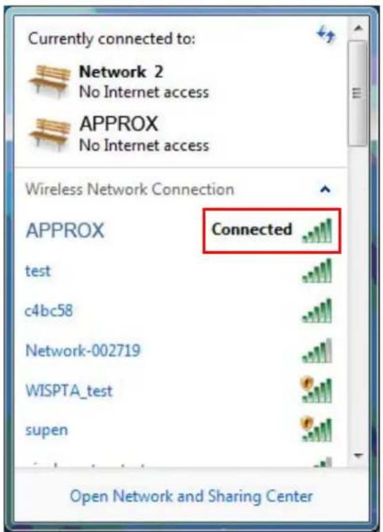 Currently connected to: Network 2 No Internet access APPROX No Internet access Wireless Network Connection APPROX Connected test c4bc58 Network-002719 WISPTA_test supen Open Network and Sharing Center
