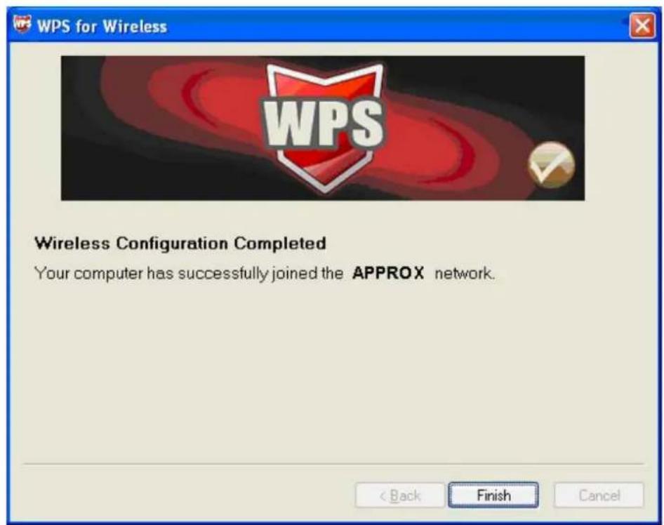 WPS for Wireless Wireless Configuration Completed Your computer has successfully joined the APPROX network. < Back Finish Cancel