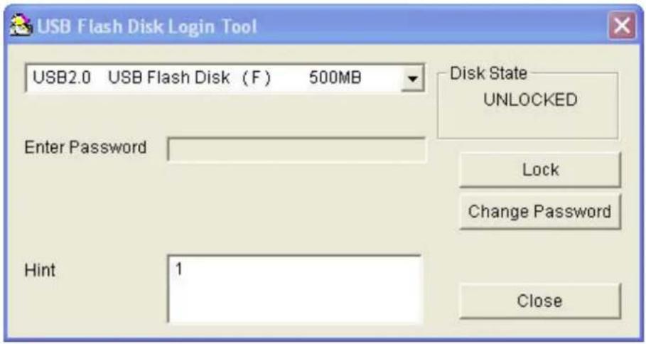 USB Flash Disk Login Tool USB2.0 USB Flash Disk (F) 500MB Disk State UNLOCKED Enter Password Lock Change Password Hint 1 Close