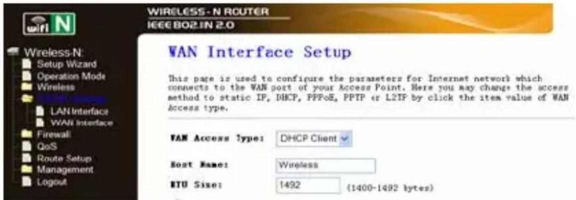 WIRELESS-N ROUTER IEEE 802.IN 2.0 VAN Interface Setup This page is used to configure the parameters for Internet network which connects to the WAN port of your Access Point. Here you may change the access method to static IP, DHCP, PPPoE, PPTP or L2TP by click the item value of WAN access type. VAN Access Type: DHCP Client Host Name: Wireless ETU Size: 1492 (1400-1492 bytes)