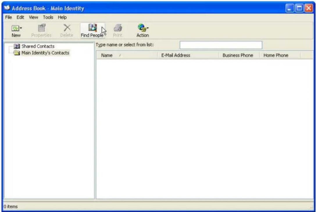 Address Book - Main Identity File Edit View Tools Help New Properties Delete Find People Print Action Shared Contacts Main Identity's Contacts Type name or select from list: Name / E-Mail Address Business Phone Home Phone 0 items