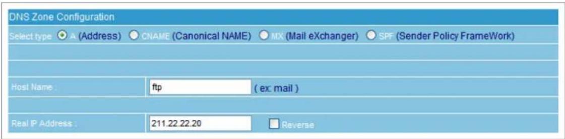 DNS Zone Configuration Select type A (Address) CNAME (Canonical NAME) MX (Mail eXchanger) SPF (Sender Policy FrameWork) Host Name: ftp ( ex: mail ) Real IP Address: 211.22.22.20 Reverse