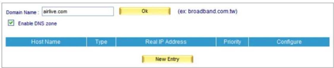Domain Name : airlive.com Ok (ex: broadband.com.tw) ✓ Enable DNS zone Host Name Type Real IP Address Priority Configure New Entry