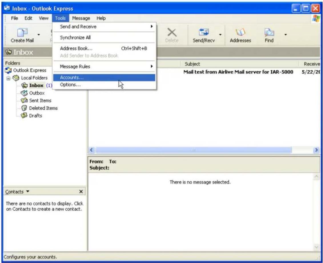 Inbox - Outlook Express File Edit View Tools Message Help Send and Receive Synchronize All Address Book... Ctrl+Shift+B Add Sender to Address Book Message Rules Accounts... Options... Inbox (1) Outbox Sent Items Deleted Items Drafts From: To: Subject: There is no message selected. Configures your accounts.