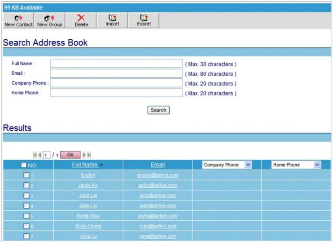 99 KB Available New Contact New Group Delete Import Export Search Address Book Full Name : ( Max. 30 characters ) Email : ( Max. 80 characters ) Company Phone : ( Max. 20 characters ) Home Phone : ( Max. 20 characters ) Search Results 1 / 1 Go NO. Full Name Email Company Phone Home Phone 1 Evelyn evelyn@airlive.com 2 Jacky Ko jacky@airlive.com 3 John Lai john@airlive.com 4 Josh Lin josh@airlive.com 5 Portia Wou portia@airlive.com 6 Ryan Cheng ryan@airlive.com 7 Vera Lu vera@airlive.com