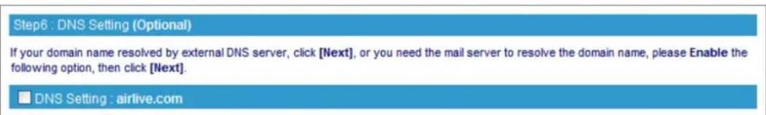 Step6 : DNS Setting (Optional) If your domain name resolved by external DNS server, click [Next], or you need the mail server to resolve the domain name, please Enable the following option, then click [Next]. ■ DNS Setting : airlive.com