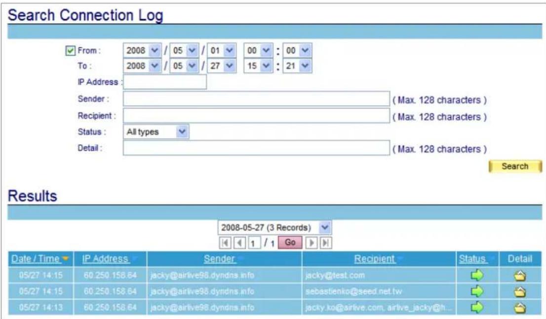 Search Connection Log ✓ From: 2008 / 05 / 01 00 : 00 To: 2008 / 05 / 27 15 : 21 IP Address : Sender : ( Max. 128 characters ) Recipient : ( Max. 128 characters ) Status : All types Detail : ( Max. 128 characters ) Search Results 2008-05-27 (3 Records) Date / Time ▼ IP Address Sender Recipient Status Detail 05/27 14:15 60.250.158.64 jacky@airlive96.dyndns.info jacky@test.com 05/27 14:15 60.250.158.64 jacky@airlive96.dyndns.info sebastienko@seed.net.tw 05/27 14:13 60.250.158.64 jacky@airlive96.dyndns.info jacky.ko@airlive.com, airlve_jacky@h...