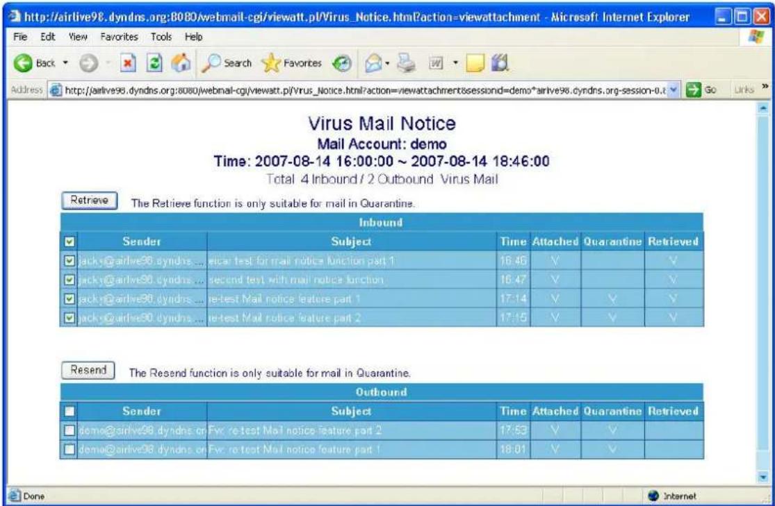 Virus Mail Notice Mail Account: demo Time: 2007-08-14 16:00:00 ~ 2007-08-14 18:46:00 Total 4 Inbound / 2 Outbound Virus Mail Retrieve The Retrieve function is only suitable for mail in Quarantine. Inbound Sender Subject Time Attached Quarantine Retrieved jack@airlive98.dyndns... linear test for mail notice function part 1 16.46 V jack@airlive98.dyndns... second test with mail notice function 16.47 V jack@airlive98.dyndns ... re-test Mail notice feature part 1 17.14 V V jack@airlive98.dyndns ... re-test Mail notice feature part 2 17.15 V V Resend The Resend function is only suitable for mail in Quarantine. Outbound Sender Subject Time Attached Quarantine Retrieved demo@airlive98.dyndns on Fvc re-test Mail notice feature part 2 17.53 V V demo@airlive98.dyndns on Fvc re-test Mail notice feature part 1 18.01 V V Done Internet