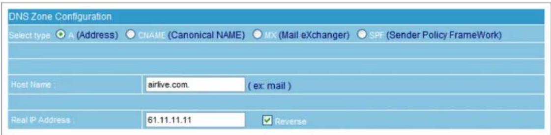 DNS Zone Configuration Select type A (Address) CNAME (Canonical NAME) MX (Mail eXchanger) SPF (Sender Policy FrameWork) Host Name : airlive.com ( ex: mail ) Real IP Address : 61.11.11.11 Reverse