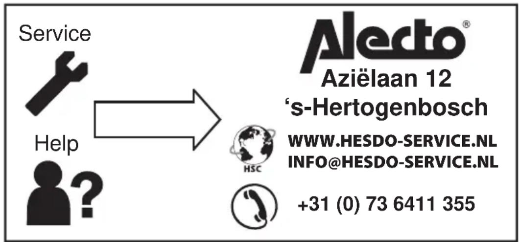 Service Help Alecto® Aziëlaan 12 ‘s-Hertogenbosch WWW.HESDO-SERVICE.NL INFO@HESDO-SERVICE.NL +31 (0) 73 6411 355