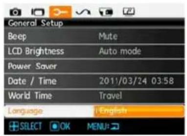 General Setup Beep Mute LCD Brightness Auto mode Power Saver Date / Time 2011/03/24 03:58 World Time Travel Language | English SELECT OK MENU: