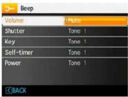 Beep Volume Shutter Tone 1 Key Tone 1 Self-timer Tone 1 Power Tone 1 BACK