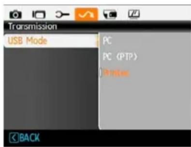 Transmission USB Mode PC PC (PTP) Printer BACK