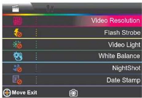 Video Resolution Flash Strobe Video Light White Balance NightShot Date Stamp Move Exit
