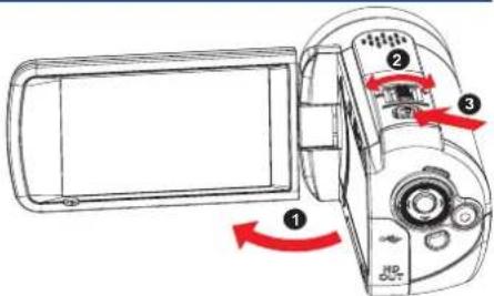 Diagram of a digital camera with labeled parts and red directional arrows indicating rotation or movement.