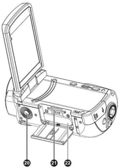 Technical diagram of a digital camera module with numbered parts labeled 20, 21, and 22