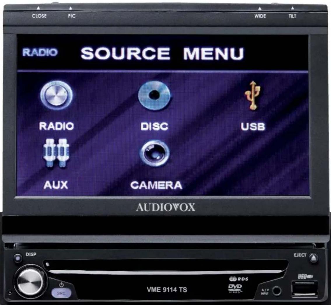 CLOSE PIC WIDE TILT RADIO SOURCE MENU RADIO DISC USB AUX CAMERA AUDIOVOX DISP VME 9114 TS EJECT DVD RDS A/V INPUT