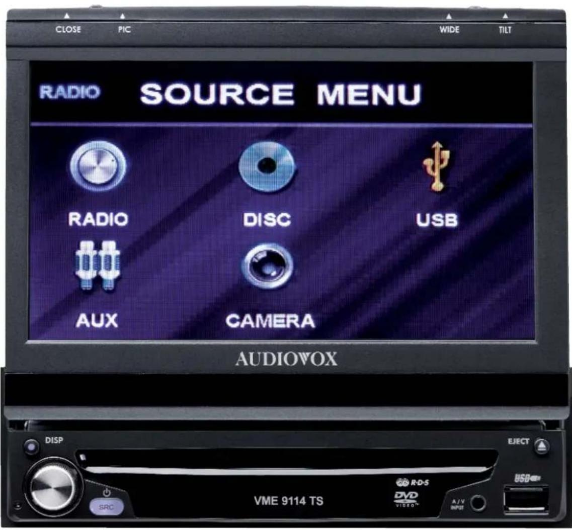 CLOSE PIC WIDE TILT RADIO SOURCE MENU RADIO DISC USB AUX CAMERA AUDIOVOX DISP EJECT SRC VME 9114 TS DVD VIDEO™ A/V INPUT