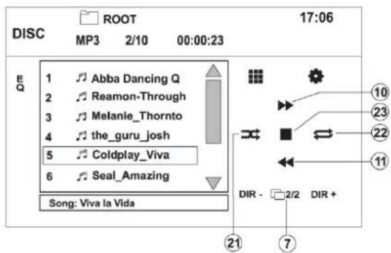 DISC ROOT 17:06 MP3 2/10 00:00:23 E Q 1 Abba Dancing Q 2 Reamon-Through 3 Melanie_Thornto 4 the_guru_josh 5 Coldplay_Viva 6 Seal_Amazing Song: Viva la Vida DIR - 2/2 DIR + ①②③④⑤⑥⑦⑧⑨⑪