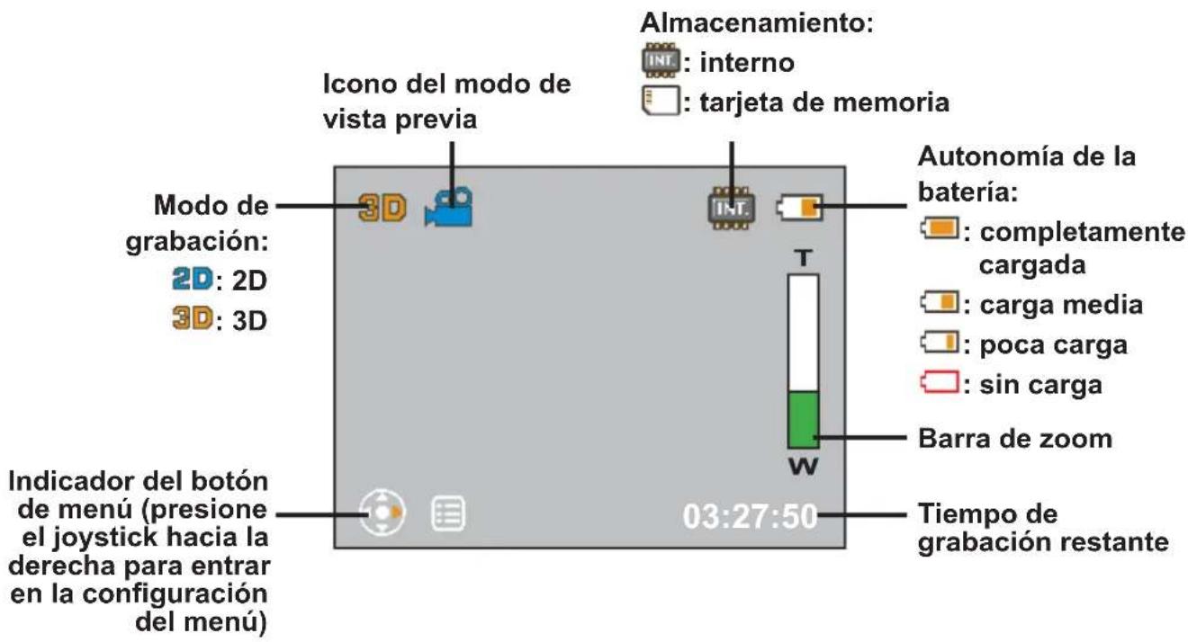 Almacenamiento: : interno : tarjeta de memoria Icono del modo de vista previa Modo de grabación: 2D: 2D 3D: 3D Autonomía de la batería: : completamente cargada : carga media : poca carga : sin carga Indicador del botón de menú (presione el joystick hacia la derecha para entrar en la configuración del menú) 03:27:50 W Barra de zoom Tiempo de grabación restante
