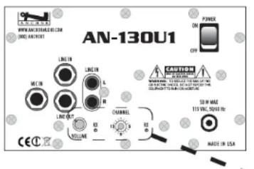 AN-130U1 POWER ON OFF CAUTION WARNING: 15% MAX. (15 VOLT, 200 GB) ON/OFF MINI LNG IN LNG IN MCLR LNC IN R R CANNEL VOLUME 13 12 11 10 9 8 7 6 5 4 3 2 1 0 CE C 15 W MAX. 115 VOLT, 200 GB Made in USA