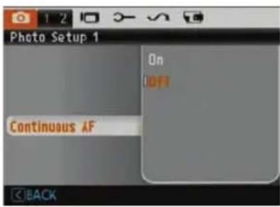 Photo Setup 1 On Off Continuous AF BACK