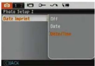 Photo Setup 2 Date Imprint Off Date Date/Time BACK