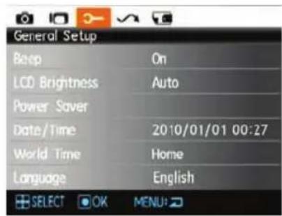 General Setup Setup On LCD Brightness Auto Power Saver Date/Time 2010/01/01 00:27 World Time Home Language English SELECT OK MENU: