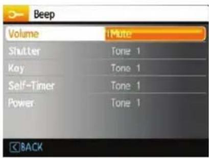 Beep Volume Mute Shutter Tone 1 Key Tone 1 Self-Timer Tone 1 Power Tone 1 BACK